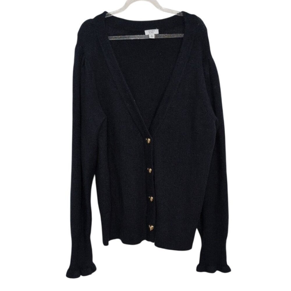 Crown & Ivy V Neck Cardigan Womens Size XL Blue Gold Heart Snaps Puff Sleeves